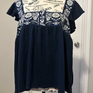 Navy Blue Embroidered Women's Top